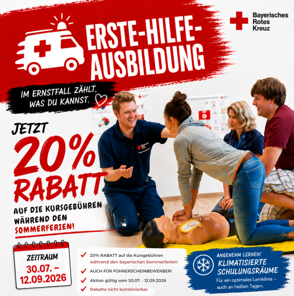 Werbung_2026_Sommer Rabattaktion Erste Hilfe in den bayerischen Sommerferien 2026 (vom 30.07. - 12.09.2026): 20% Preisnachlass auf die Kursgebühren der Erste Hilfe Ausbildung